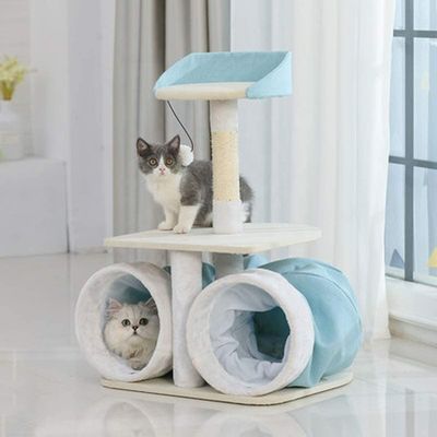 Plush Cat Climbing Tree Frame กระโดดแพลตฟอร์มพร้อมของเล่นอุโมงค์เตียง Scratcher สุดหรู