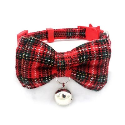 สก๊อตผ้าตาหมากรุก Bowtie Cat หัวเข็มขัดนิรภัยพร้อมกระดิ่งผ้าฝ้ายปรับความกว้าง 13-22cm