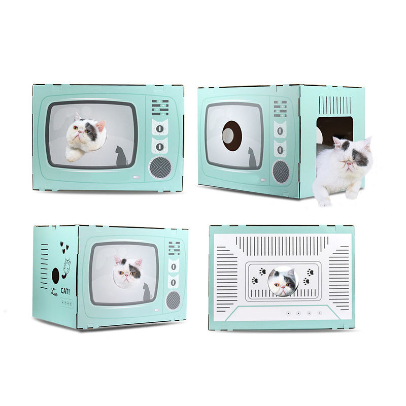 Cat House Scratcher Retro TV Shape Cat Lounge พร้อม Scratch Pad กระดาษลูกฟูก Cave Bed Scratcher