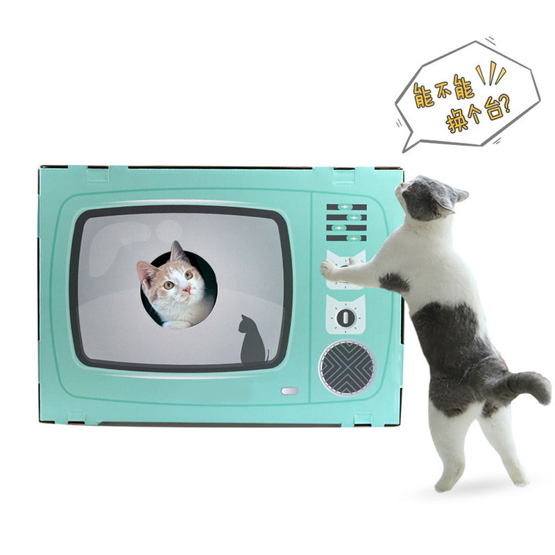 Cat House Scratcher Retro TV Shape Cat Lounge พร้อม Scratch Pad กระดาษลูกฟูก Cave Bed Scratcher