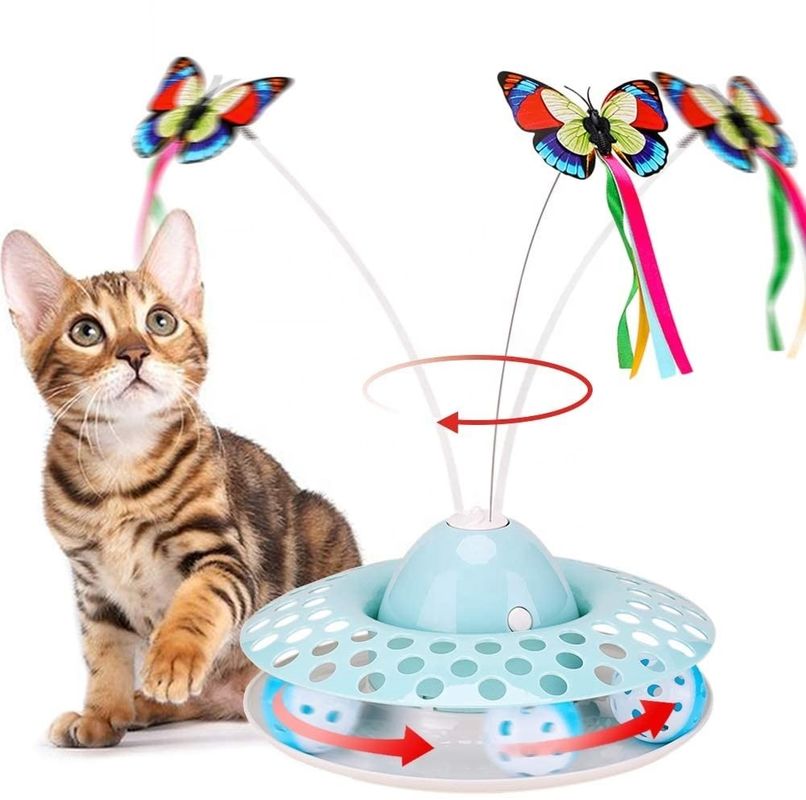 Interactive Cat อัตโนมัติ Teaser &amp; Exerciser ของเล่นลูกแมวกับ Spinning Butterfly