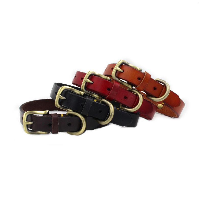 Custom Handmade Cattlehide Dog Collar Leather with Bronze Metal Plate สามารถแกะสลักได้ Pet ID Collars for Dogs