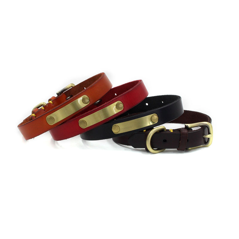 Custom Handmade Cattlehide Dog Collar Leather with Bronze Metal Plate สามารถแกะสลักได้ Pet ID Collars for Dogs