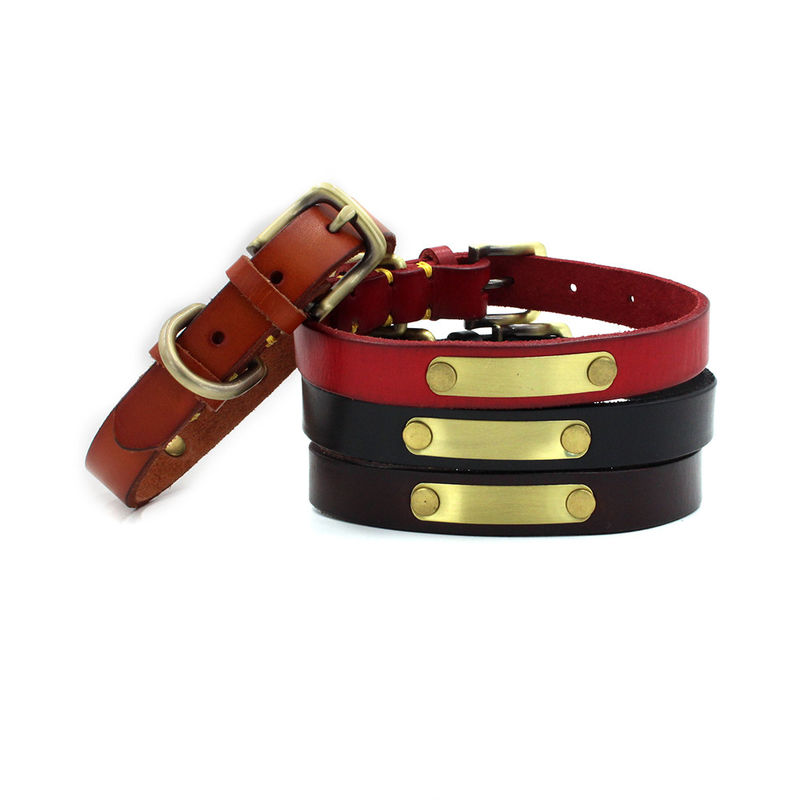 Custom Handmade Cattlehide Dog Collar Leather with Bronze Metal Plate สามารถแกะสลักได้ Pet ID Collars for Dogs
