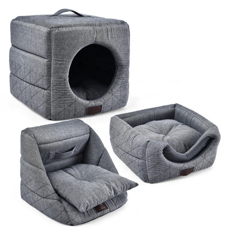 3 In 1 พับ Cat Cave Dir ทนเตียงสัตว์เลี้ยงที่สะดวกสบาย Grey Cat Bed House