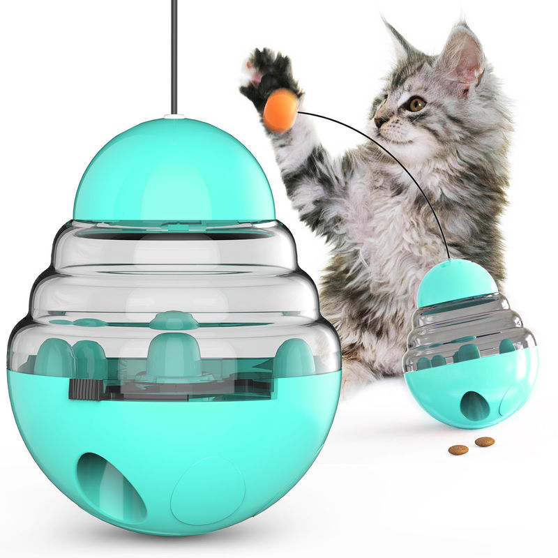2 In 1 Interactive Cat ลูกบอลป้อนอาหารช้าที่ถอดออกได้ Tumbler Shaped Pet Treat Ball