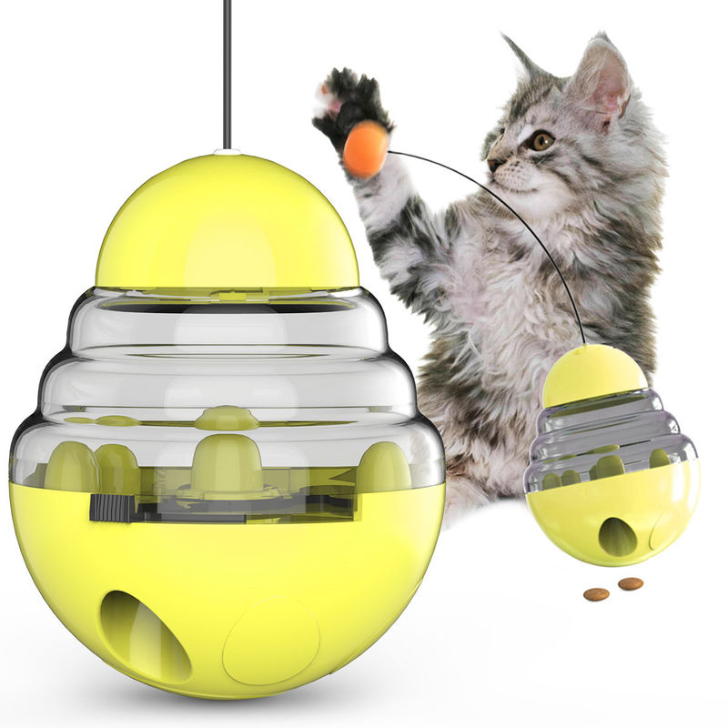 2 In 1 Interactive Cat ลูกบอลป้อนอาหารช้าที่ถอดออกได้ Tumbler Shaped Pet Treat Ball