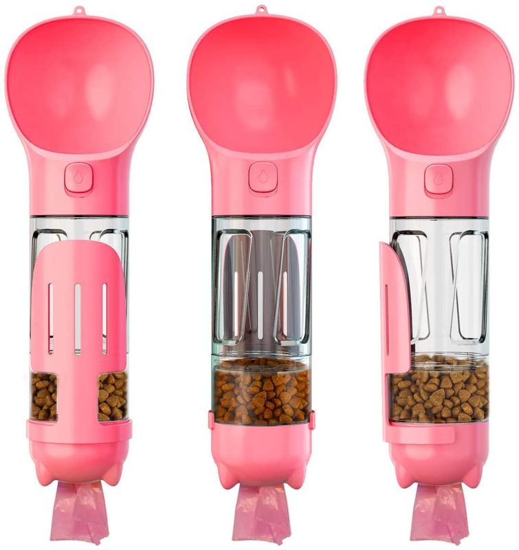 4 In1 Portable Leakproof Pink Dog ขวดน้ำพร้อมภาชนะบรรจุอาหารและถุงขยะ