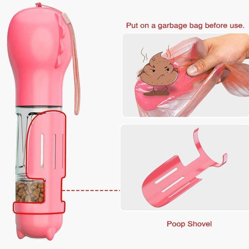 4 In1 Portable Leakproof Pink Dog ขวดน้ำพร้อมภาชนะบรรจุอาหารและถุงขยะ
