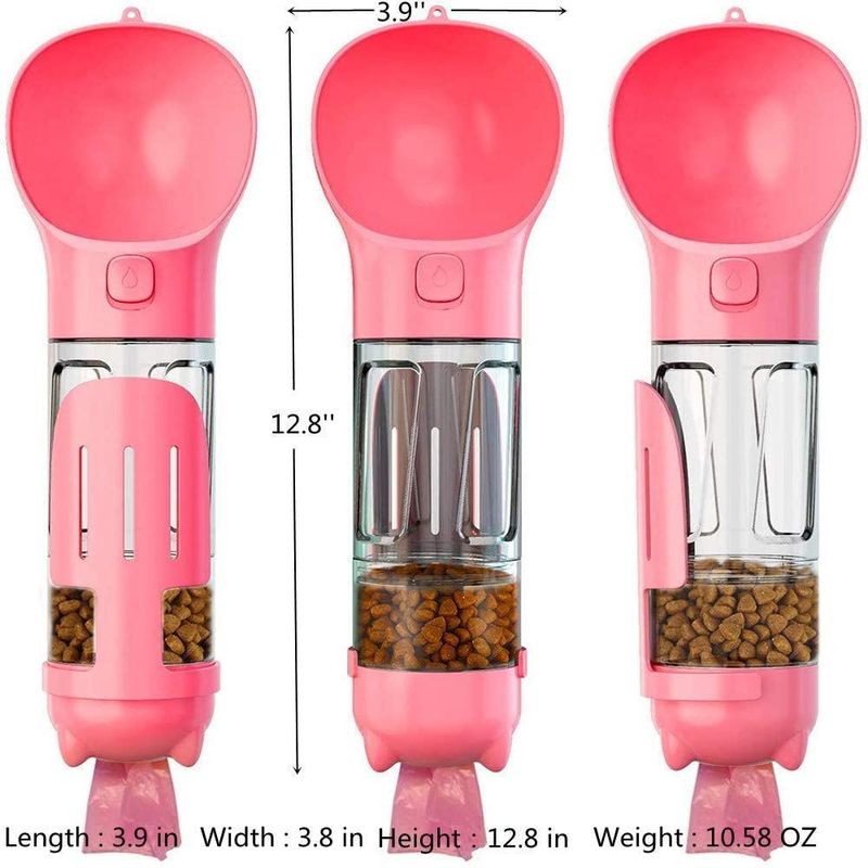4 In1 Portable Leakproof Pink Dog ขวดน้ำพร้อมภาชนะบรรจุอาหารและถุงขยะ