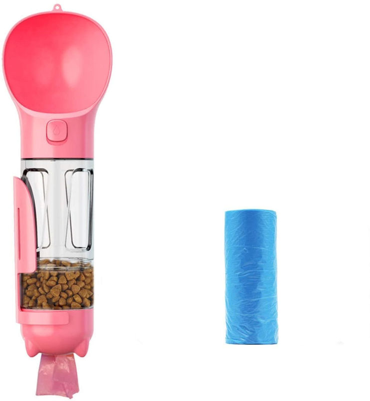 4 In1 Portable Leakproof Pink Dog ขวดน้ำพร้อมภาชนะบรรจุอาหารและถุงขยะ