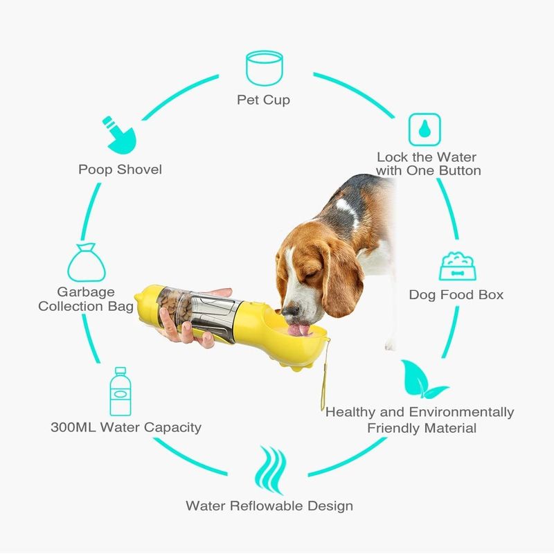 4 In 1 500ml Dog Travel ขวดน้ำ Leak Proof Dog Water Food Dispenser