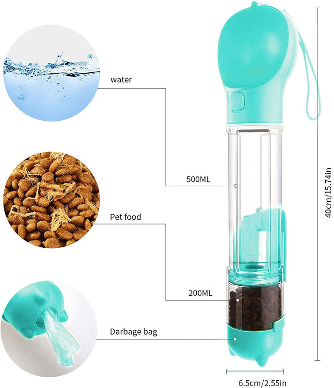 4 In 1 500ml Dog Travel ขวดน้ำ Leak Proof Dog Water Food Dispenser